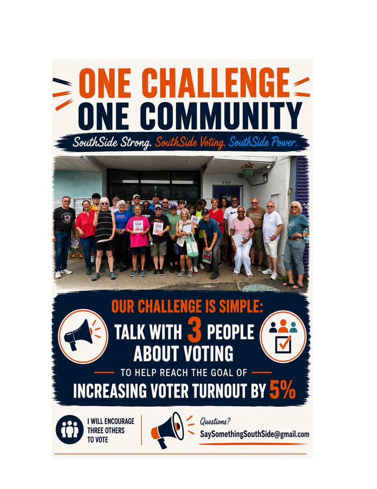 One Challenge, One Community poster: talk with 3 people about voting to help reach the goal of increasing voter turnout by 5%.