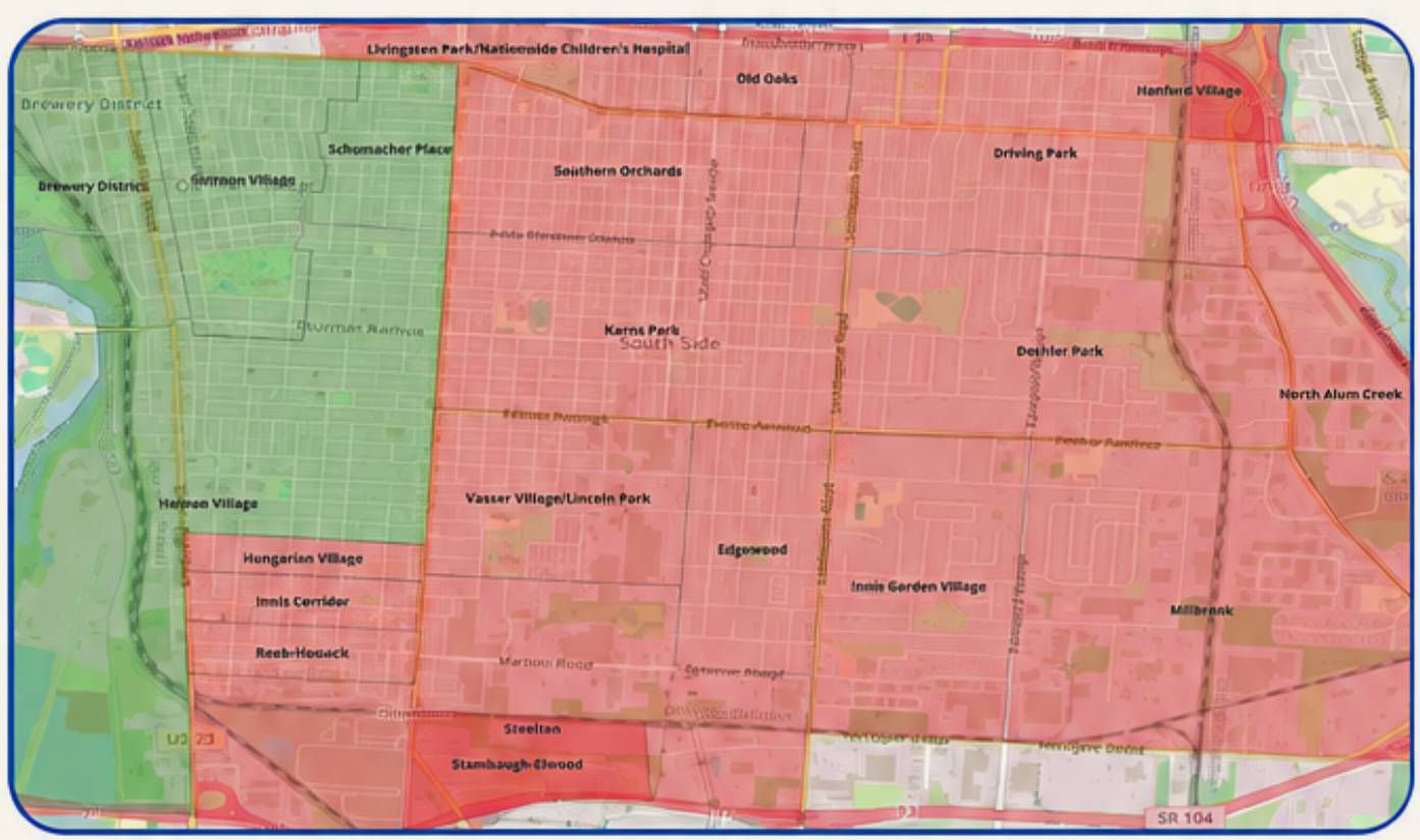 Map of South Side precincts colored by voter turnout compared to the county average