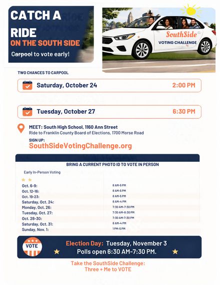 Catch a Ride on the South Side flyer: carpool to vote early. Saturday, October 24 at 2:00 PM and Tuesday, October 27 at 6:30 PM, meeting at South High School, 1160 Ann Street, riding to the Franklin County Board of Elections, 1700 Morse Road. Sign up at SouthSideVotingChallenge.org. Also lists early in-person voting hours and Election Day, Tuesday November 3, polls open 6:30 AM to 7:30 PM.